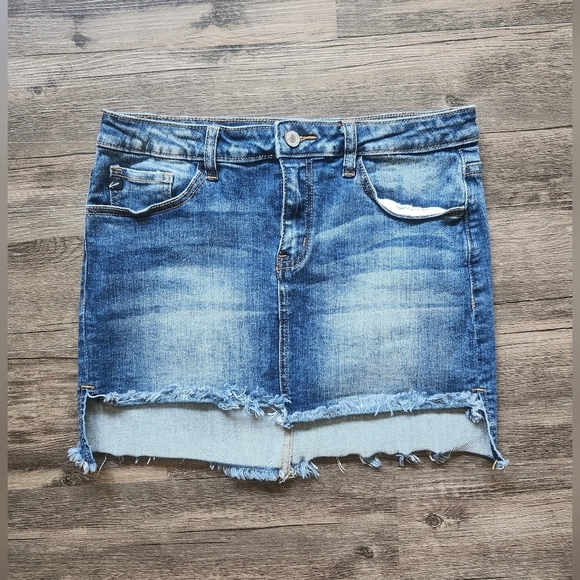 Kancan Medium Wash Denim Distressed Mini Skirt - Picture 2 of 5